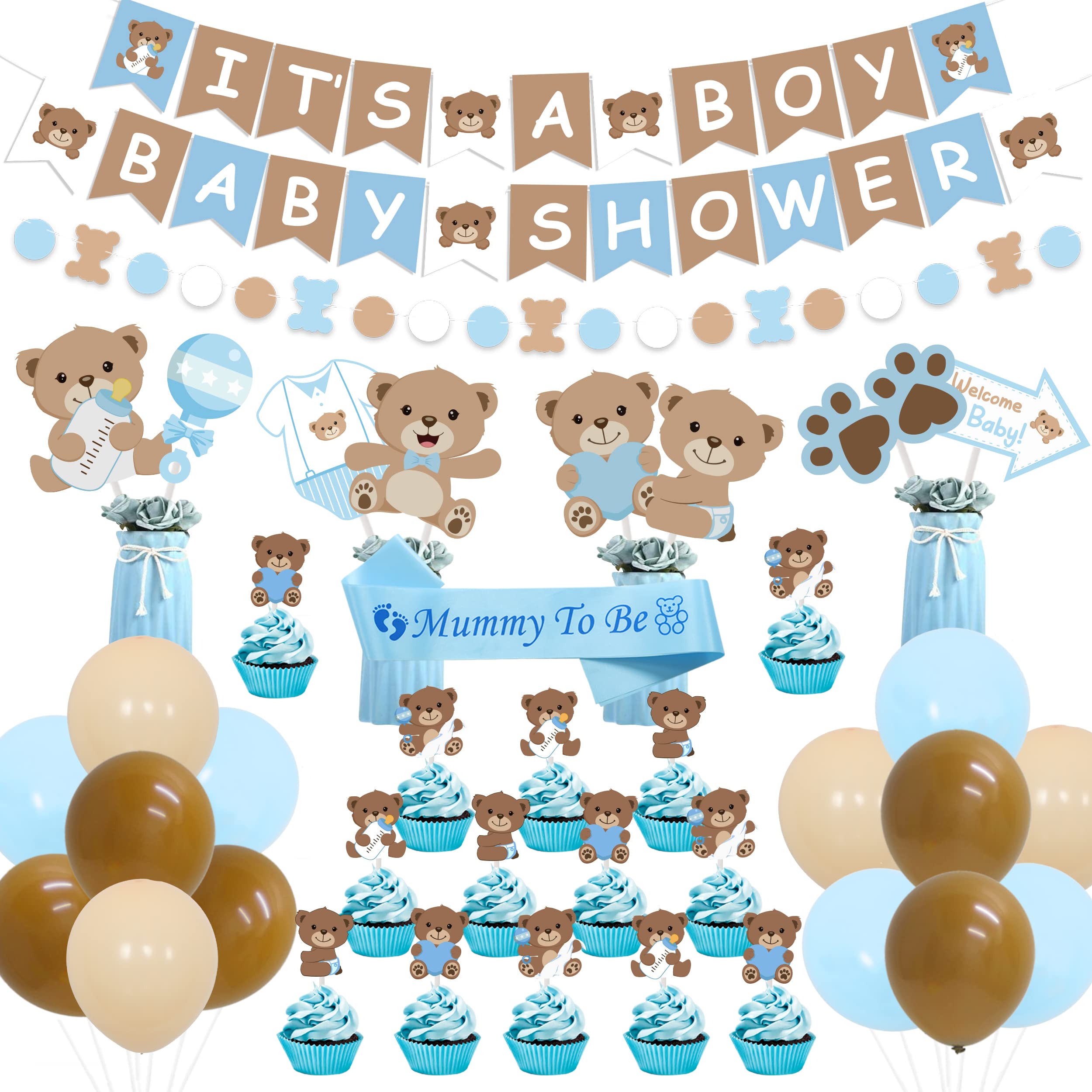 Bear Baby Shower Decorations IT S A BOY BABY SHOWER Banner Bear Centerpiece Cake Topper Cupcake Toppers for Teddy Bear Theme Birthday Party Supplies Blue and Brown