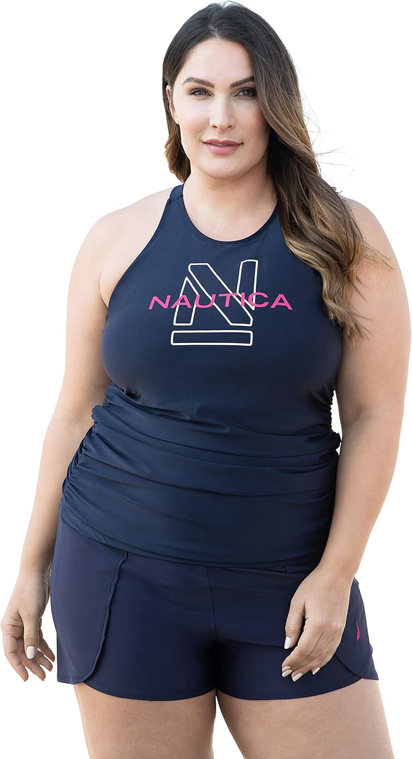 Nautica Women's Plus Size High-Neck Swim Tankini Top - 20, Navy Logo at Amazon Womenâs Clothing 