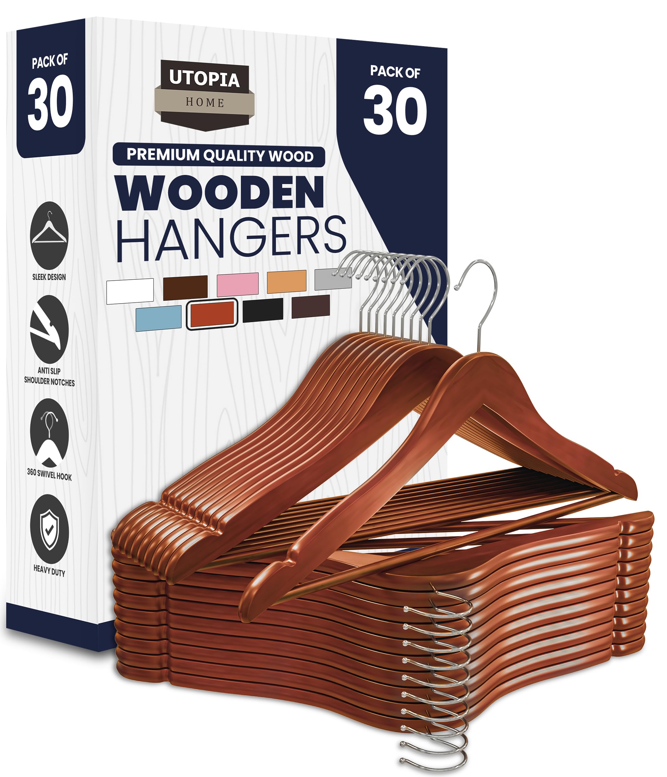 Utopia Home Premium Wooden Hangers 30 Pack - Durable & Slim Coat Hanger - Suit Hanger with 360-Degree Rotatable Hook - Wood Hangers with Shoulder Grooves (Cherry) Image