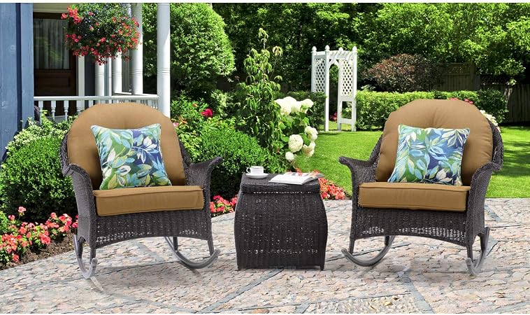 Amazon Com Hanover Sunprch3pc Tan Sun Porch 3 Piece Resin Rocking Chair Set With Country Cork Cushions Outdoor Furniture Tan Garden Outdoor