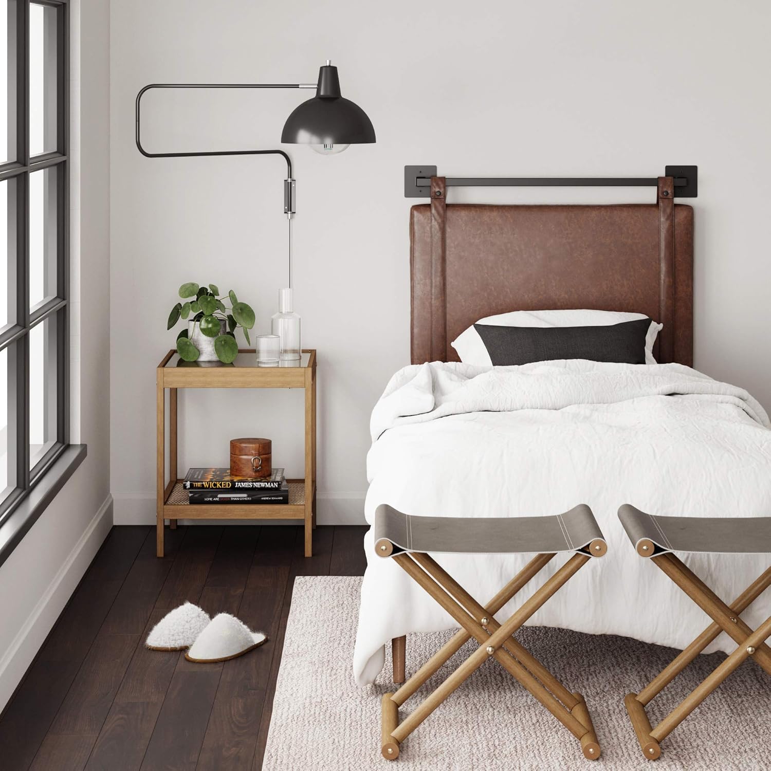 Nathan James Harlow Wall Mount Faux Upholstered Headboard Adjustable Height Vintage Pu Leather Straps Matte Metal Rail Twin Brown Black Amazon In Home Kitchen
