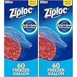 Ziploc Gallon Food Storage Freezer Bags, Grip 'n Seal Technology for Easier Grip, Open, and Close, 60 Count, Pack of 2 (120 T
