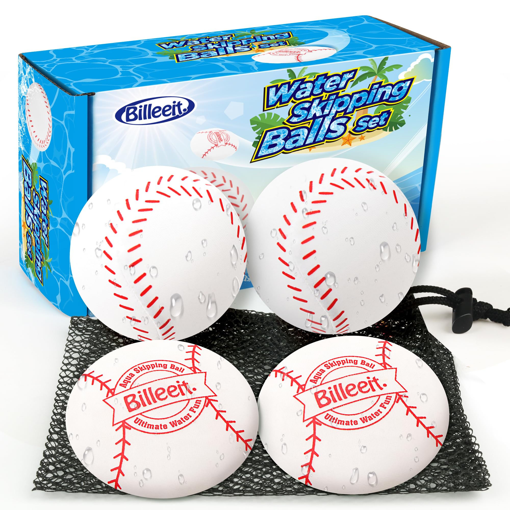 Billeeit 4Pcs Water Skipping Balls for Pool Play(Baseball Theme), Water Pool Beach Swim Toys for Kids Ages 4-8, 8-12 and Adults, Include 2 Balls and 2 Discs