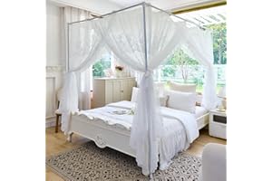 AIKASY Elegant Lace Princess 4-Poster Bed Canopy Mosquito Net - Romantic Wedding Bridal Bedroom Decor, Kids Room Bed Curtain for Women Adults - (White1,Queen)
