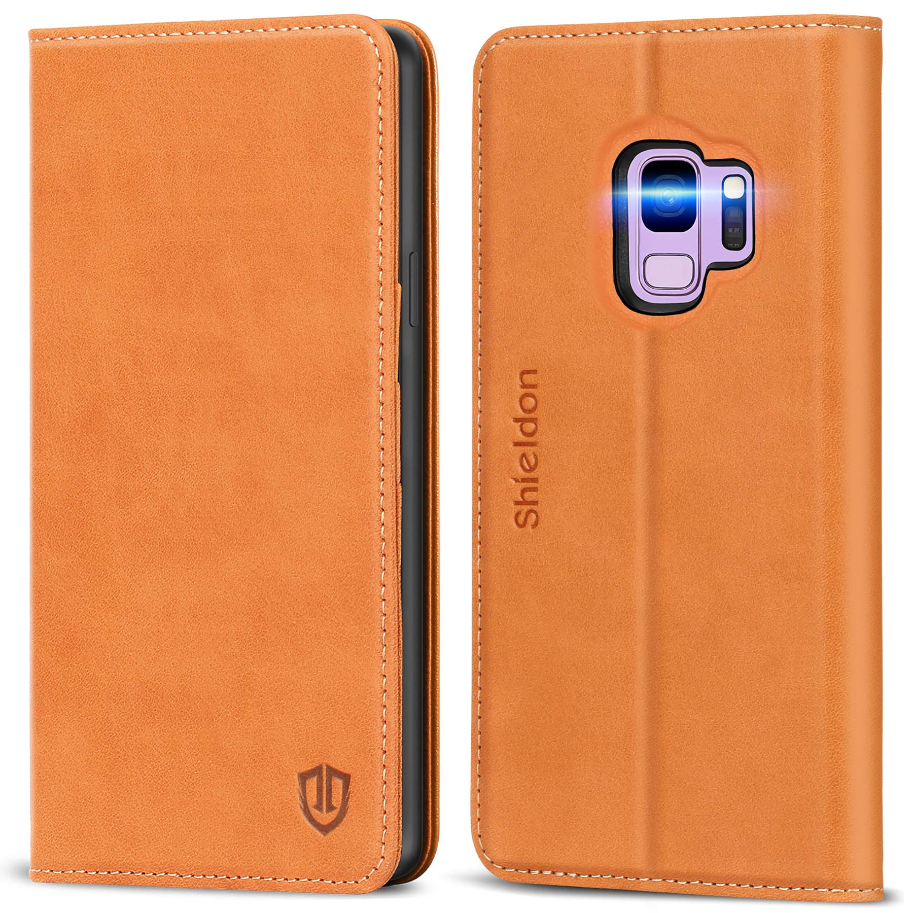 SHIELDON Galaxy S9 Case, Genuine Leather Galaxy S9 Folio Wallet Cover Stand Flip TPU Shockproof Protective Case with Card Slot + Side Pocket Magnetic Closure Compatible with Galaxy S9 - Brown