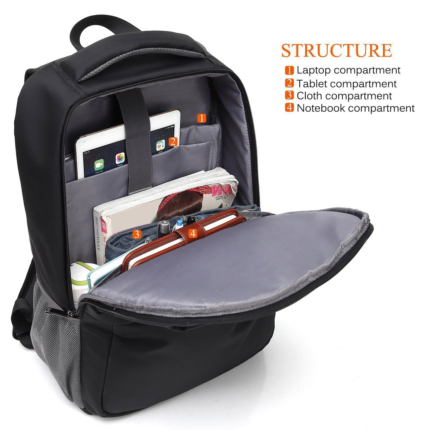 Mochila antirrobo Mochila para Ordenador Portátil 15.6 pulgadas impermeable con carga USB para hombres y mujeres, Escuela Universitaria senderismo, para Trabajo, Diario, Ocio-Negro