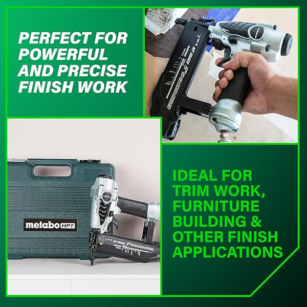 METABO HPT BRAD NAILER, PRO-PREFERRED LIGHTWEIGHT PNEUMATIC POWER NAILER FOR PRECISION TRIM WORK AND FURNITURE BUILDING, ADJUSTABLE DEPTH, 18 GAUGE, 5/8″ UP TO 2″ BRAD NAILS, NT50AE2