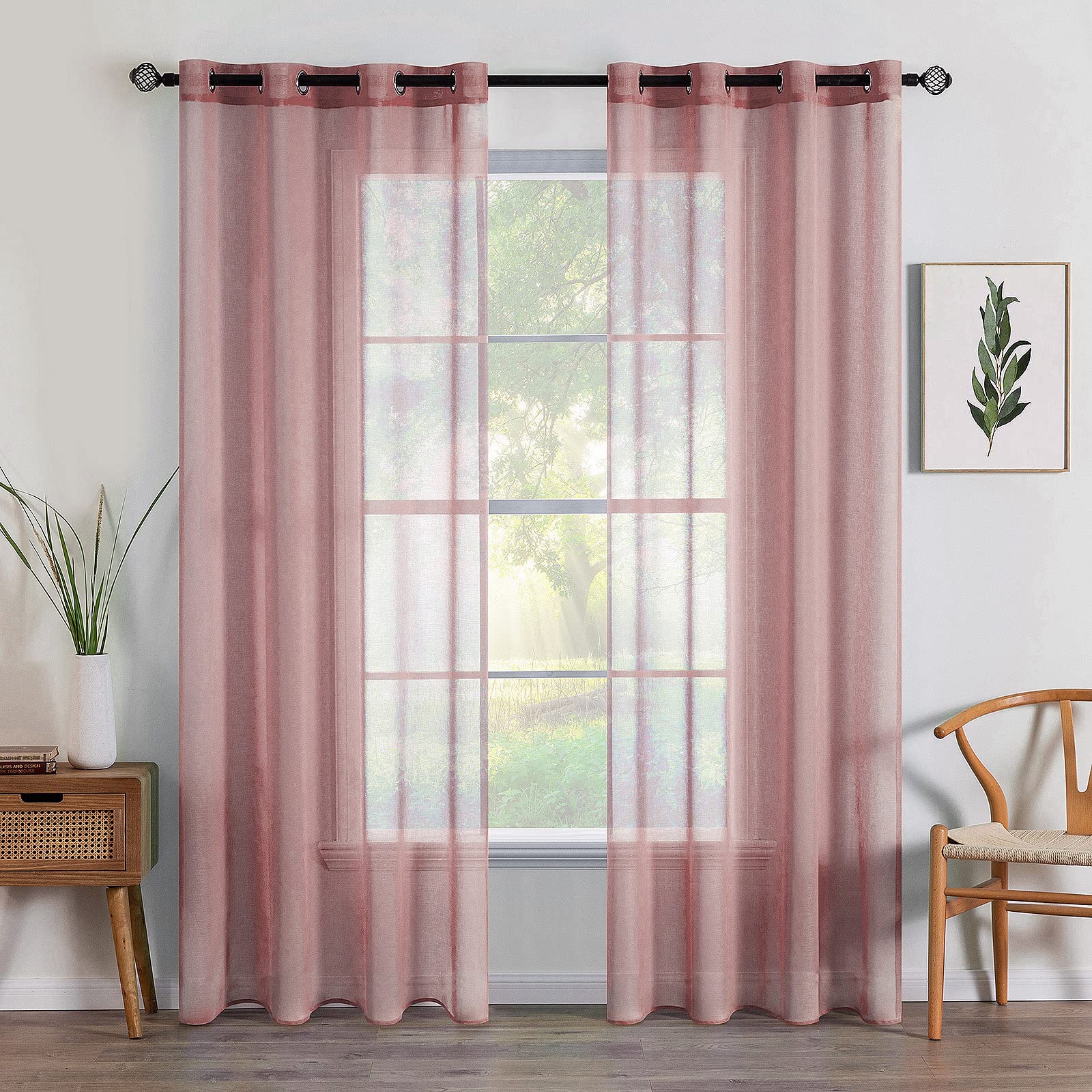 MIULEE 2 Panels Sheer Window Curtains Elegant Window Voile Panels Drapes Treatment for Bedroom Living Room 55" Wx63 L Grommet Top Dark-Pink