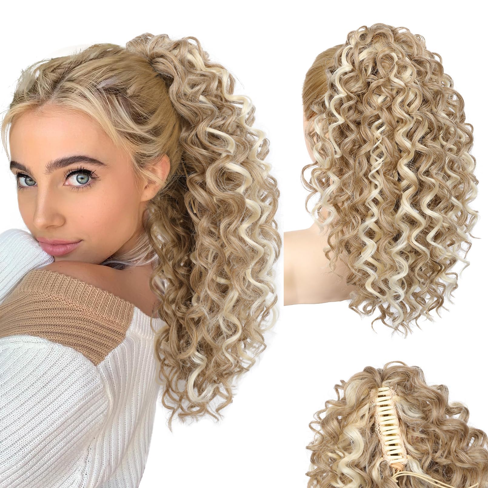 Photo 1 of SEIKEA Ponytail Extension, 18" Claw Clip Ponytail Extension Wavy Curly Jaw Clip in Ponytail Hair Extensions Fluffy Natural Soft Fake Pony Tails Synthetic Hairpiece Dark Blonde/White Blonde Highlights