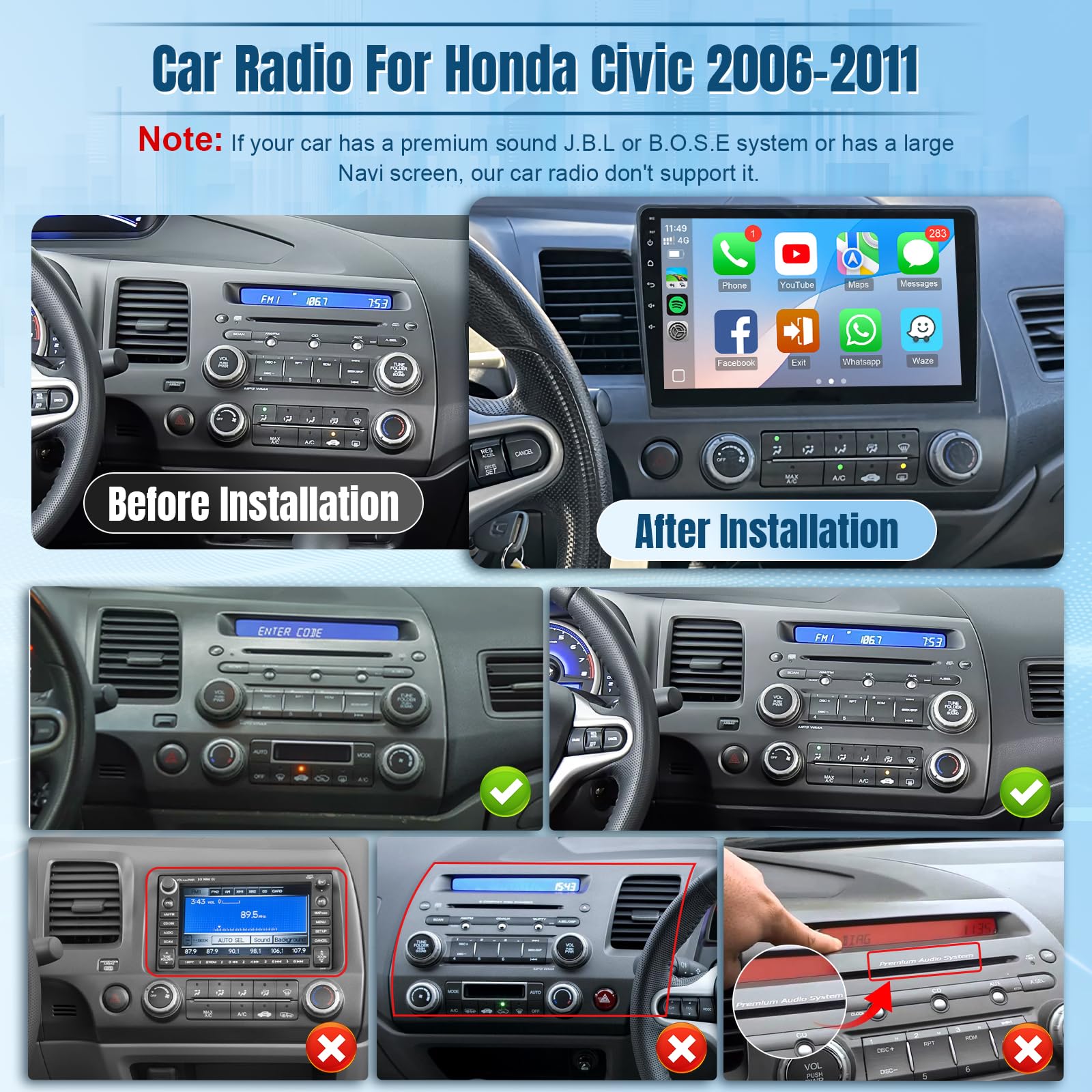 Condition photo showing As Is for naifay 4+64g android 13 car radio for honda civic 2006 2007 2008 2009 2010 2011, 10.1inch ips touch