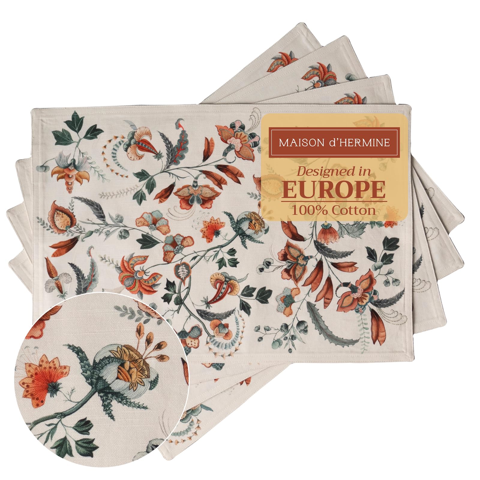 Maison d' Hermine Placemats Set of 4 100% Cotton Washable Reusable Table Mats for Home Kitchen Dining Party Wedding Restaurant Gifts for Mothers Day (Dalida, 33 CM x 48 CM) — image 1