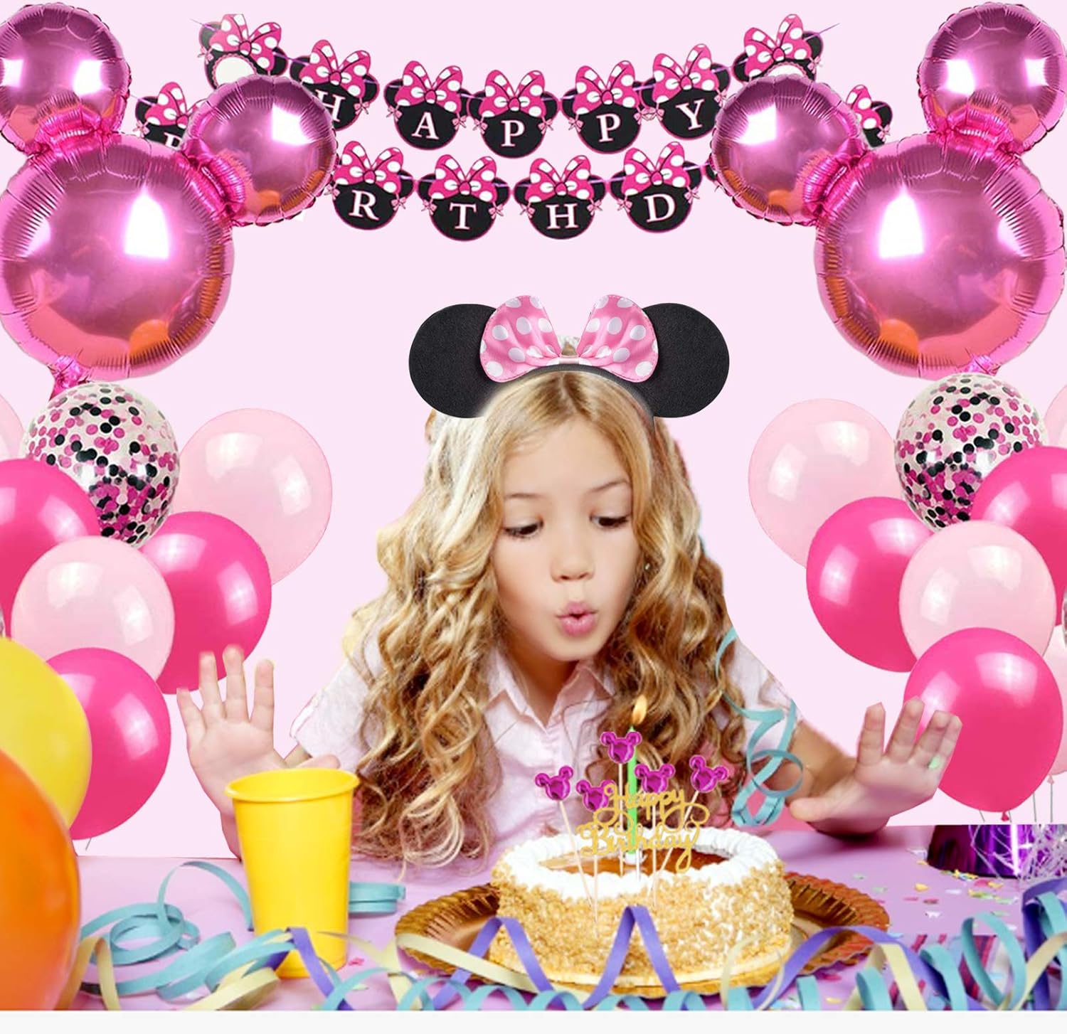 Danirora Minnie Mouse Birthday Party Supplies, Minnie Mouse Party Decorations for Girls 1st 2nd 3rd Birthday Decor Pink Balloon Banner and Mouse Ears Headband for Kids: Toys & Games