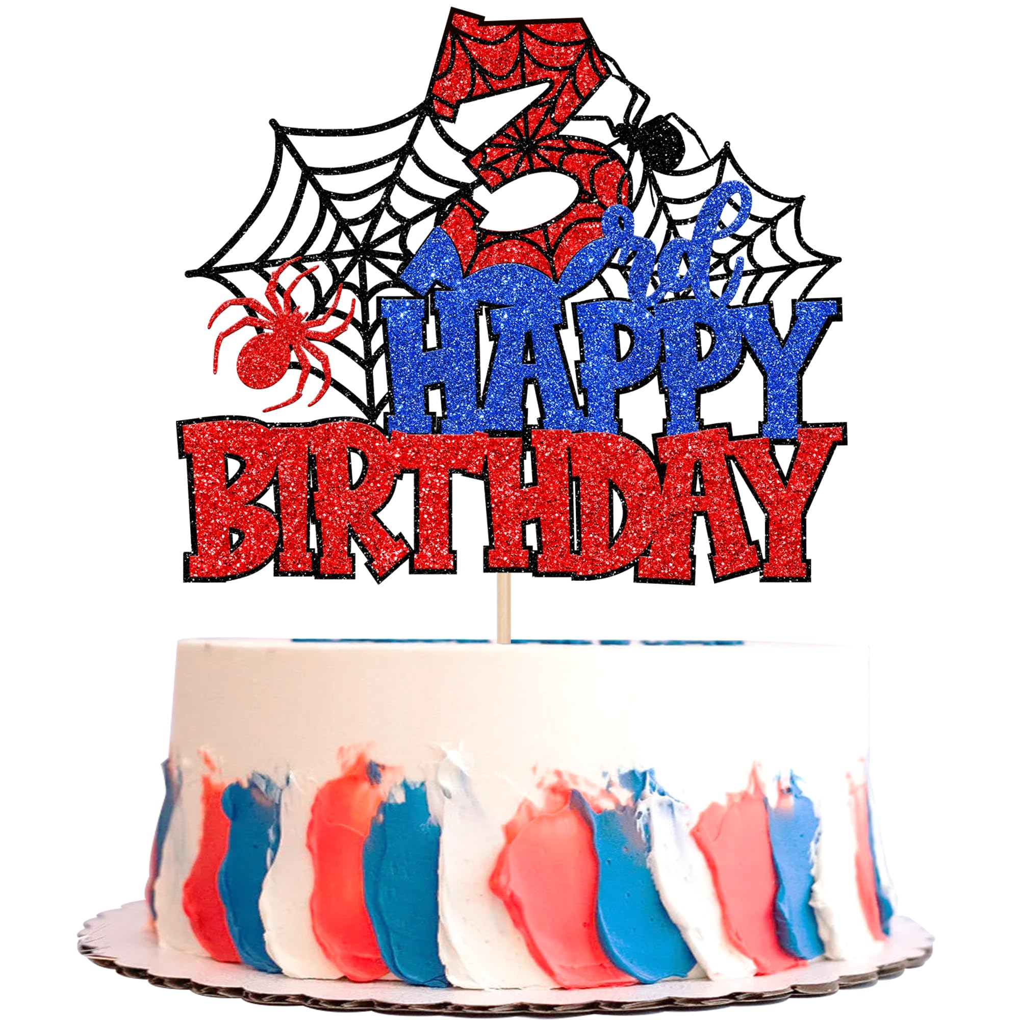 1 PCS Happy 3rd Birthday Cake Topper Glitter Spider Web Cheers to 3 Years Third Birthday Cake Pick Superhero Spider Party Decorations for Boys Girls Happy 3rd Birthday Party Cake Decorations Supplies