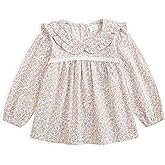 Curipeer Baby Girls Long Sleeve Shirt Peter Pan Collar Smocked Blouse Button Down Top