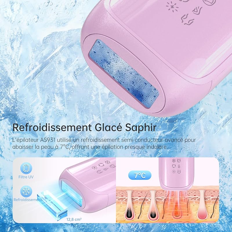 Epilateur Lumiere Pulsee avec Fonction de Saphir-Refroidissement：Lumiere Pulsee Epilateur avec 3 Modes, Flash Continu Automatique, Lumiere Pulsee Maison pour Visage, Aisselles, Tout le Corps