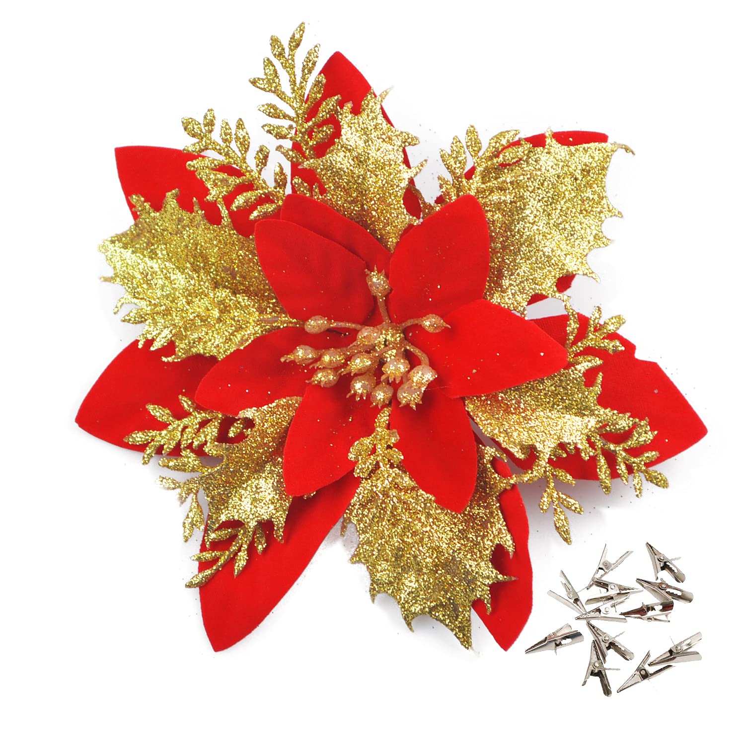 GL-Turelfies 12 Pcs Glitter Christmas Flowers(15cm/5.9’’) with 12 Pcs Clips Artificial Poinsettia Flowers Christmas Tree Flower Decorations Xmas Tree Ornaments (Red Gold)