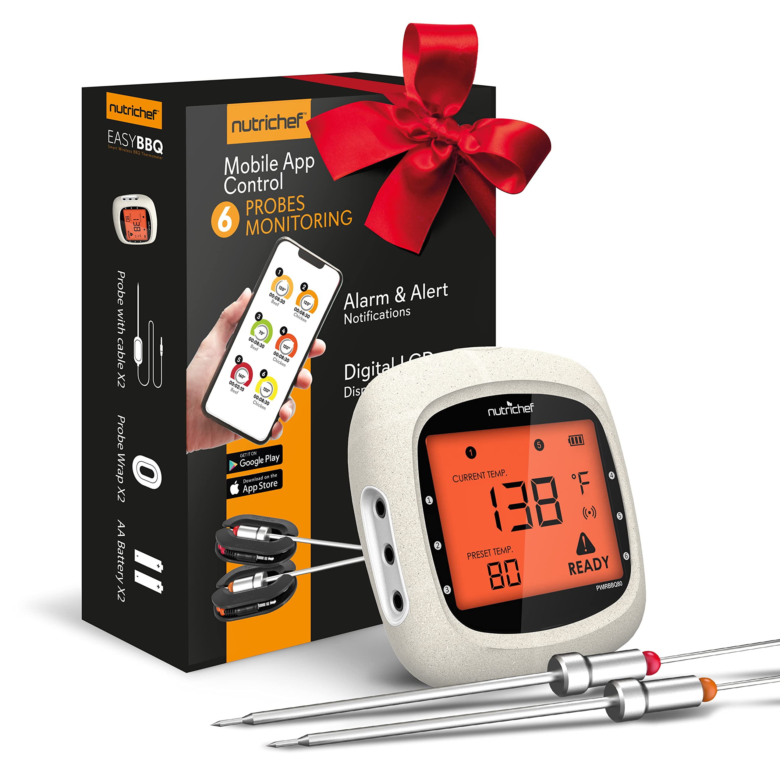 Photo 1 of NutriChef Bluetooth Meat Thermometer for Grilling and Smoking, up to 6 Temperature Probes and Smart APP, 400 Ft Range, LCD