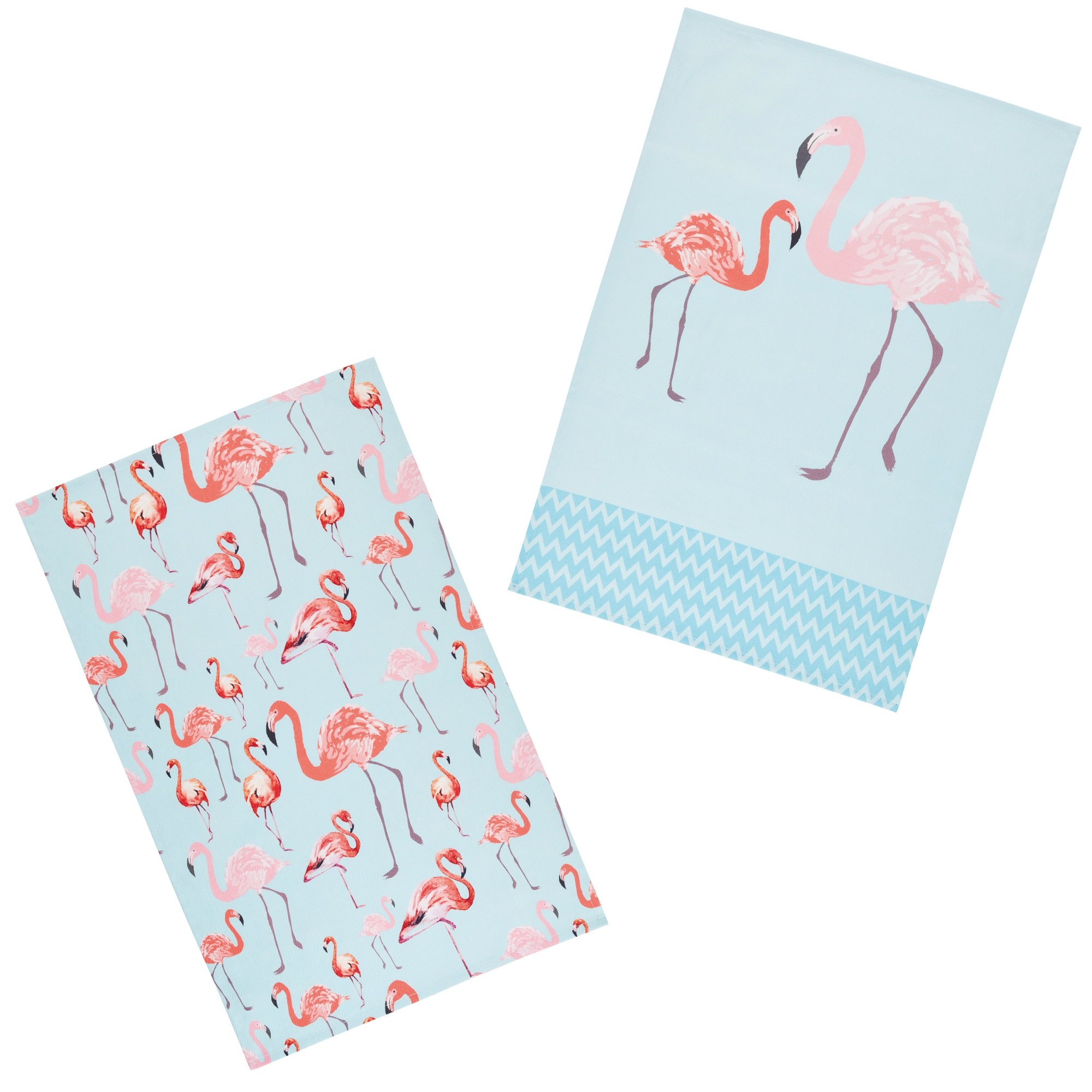 KitchenCraft 'Flamingo' 1% Cotton Printed Bird Tea Towels, 7 x 47 cm - Pink / Blue (Set of 2)