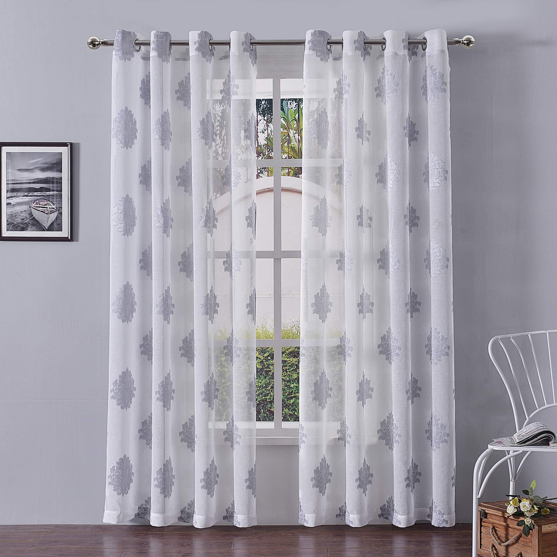DWCN Jacquard Sheer Curtains Faux Linen Voile Sheer Bedroom Curtains Grey Window Curtain Panels 52 x 84 inches Long, 1 Pair Set of 2