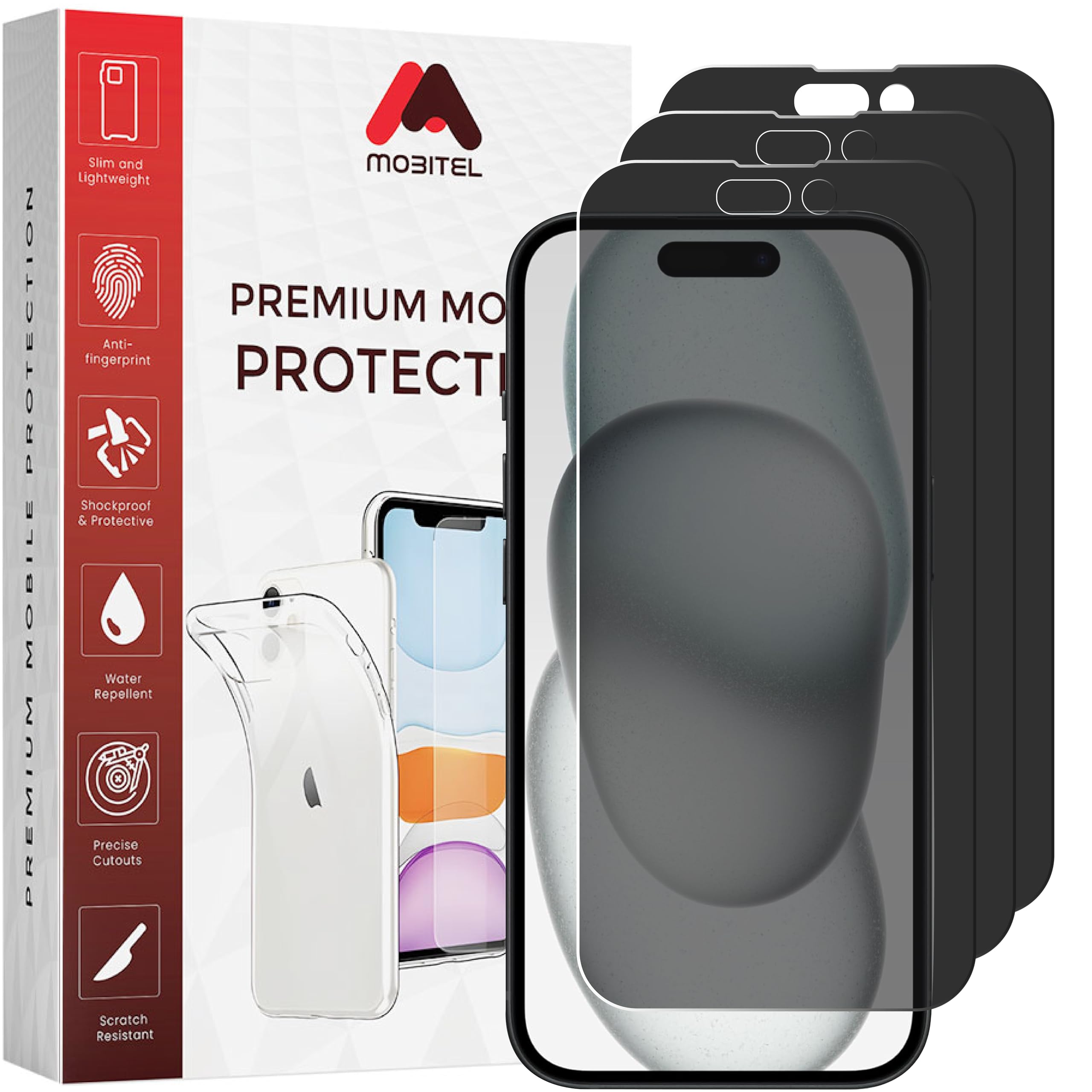 Mobitel 3-Pack Anti-Spy Privacy Screen Protector, 9H Tempered Glass, Anti-Scratch, Anti-Water, Case Friendly (iPhone 15)