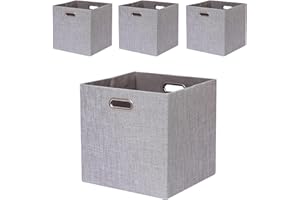 Fboxac Cube Storage Bins 13×13 Linen Foldable Box with Handles, Collapsible Organization Basket Set of 4 Large Capacity Grewer for Closet Shelf Cabinet Bookcase Bedroom, Silver Grey
