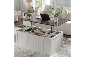 IFGET 48" Lift Top Coffee Table, Farmhouse Cocktai with Sliding Groove Barn Door, Rustic Wood Center Table w/Double Storage Spaces for Living Room, White