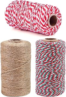 Bindfäden 300M - Natur Juteschnur, Grün Rot und Weiß Rot Kordel 3 Rolle, Bastelschnur Baumwollkordel/Gartenschnur/Paketschnur Küchengarn Weihnachtsgarn Bäcker Schnur für Weihnachten Geschenkverpackung