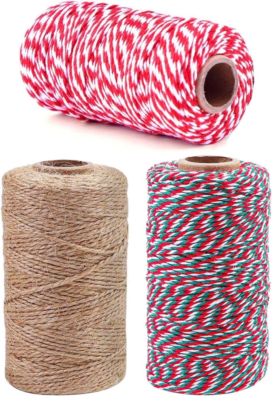 Bindfäden 300M - Natur Juteschnur, Grün Rot und Weiß Rot Kordel 3 Rolle, Bastelschnur Baumwollkordel/Gartenschnur/Paketschnur Küchengarn Weihnachtsgarn Bäcker Schnur für Weihnachten Geschenkverpackung