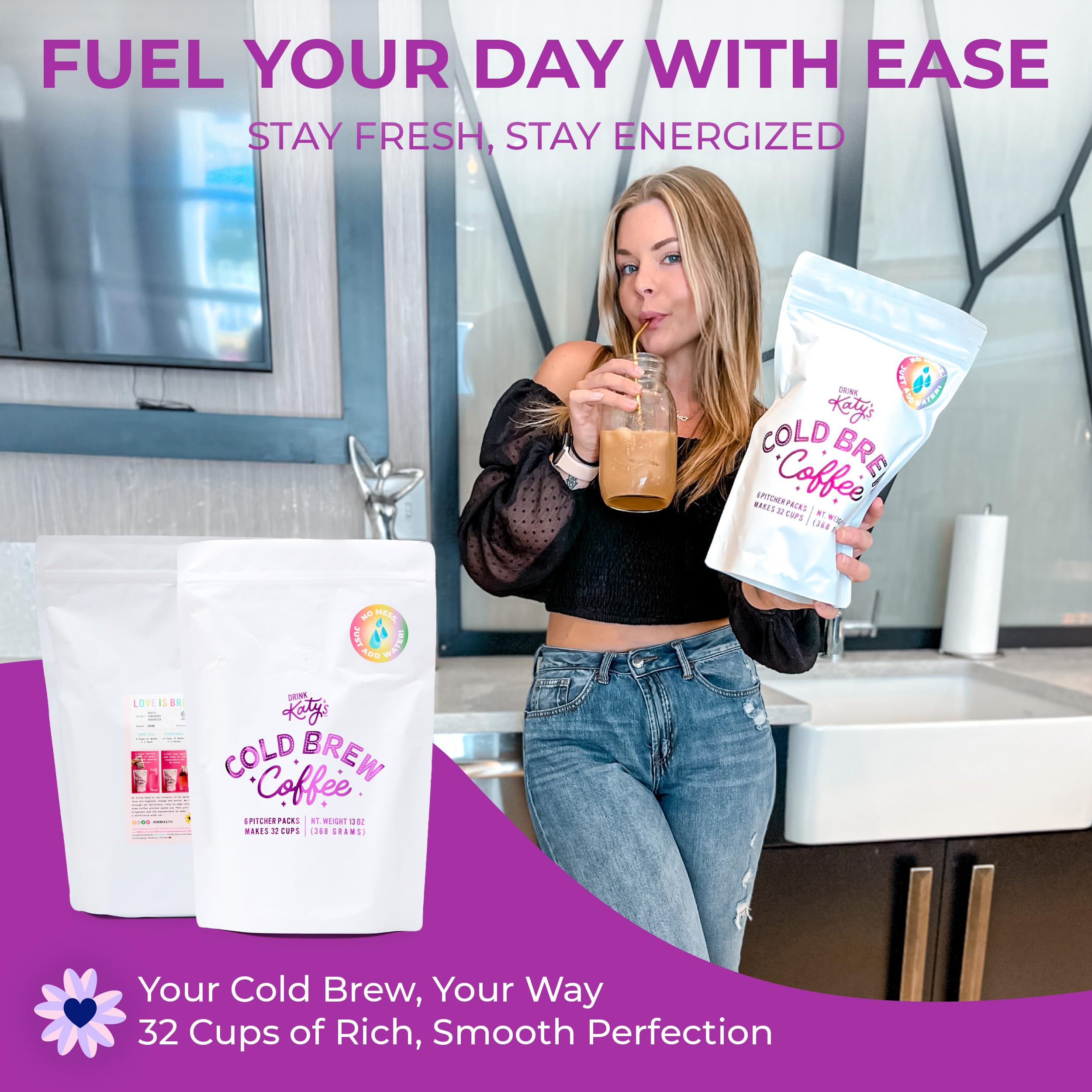 Katy’s Cold Brew Coffee Pitcher Packs | 6 Large Cold Brew Bags with Smooth, Bold Brazilian Coffee | Easy, Mess-Free Brewing in Any Container | No Straining Needed | 100% Woman-Owned | Makes 32 Cups