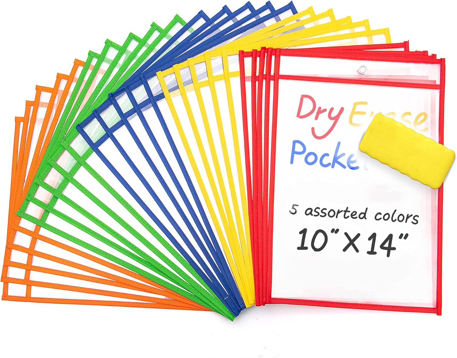 Board2by Reusable Dry Erase Pockets 25 Pack, Clear 10" x 14" Write and Wipe Pockets Sleeves Fits Standard Paper, Plastic Dry Erase Sheet Protectors for Classroom, Teacher and Office Supplies, 5 Colors : Office Products