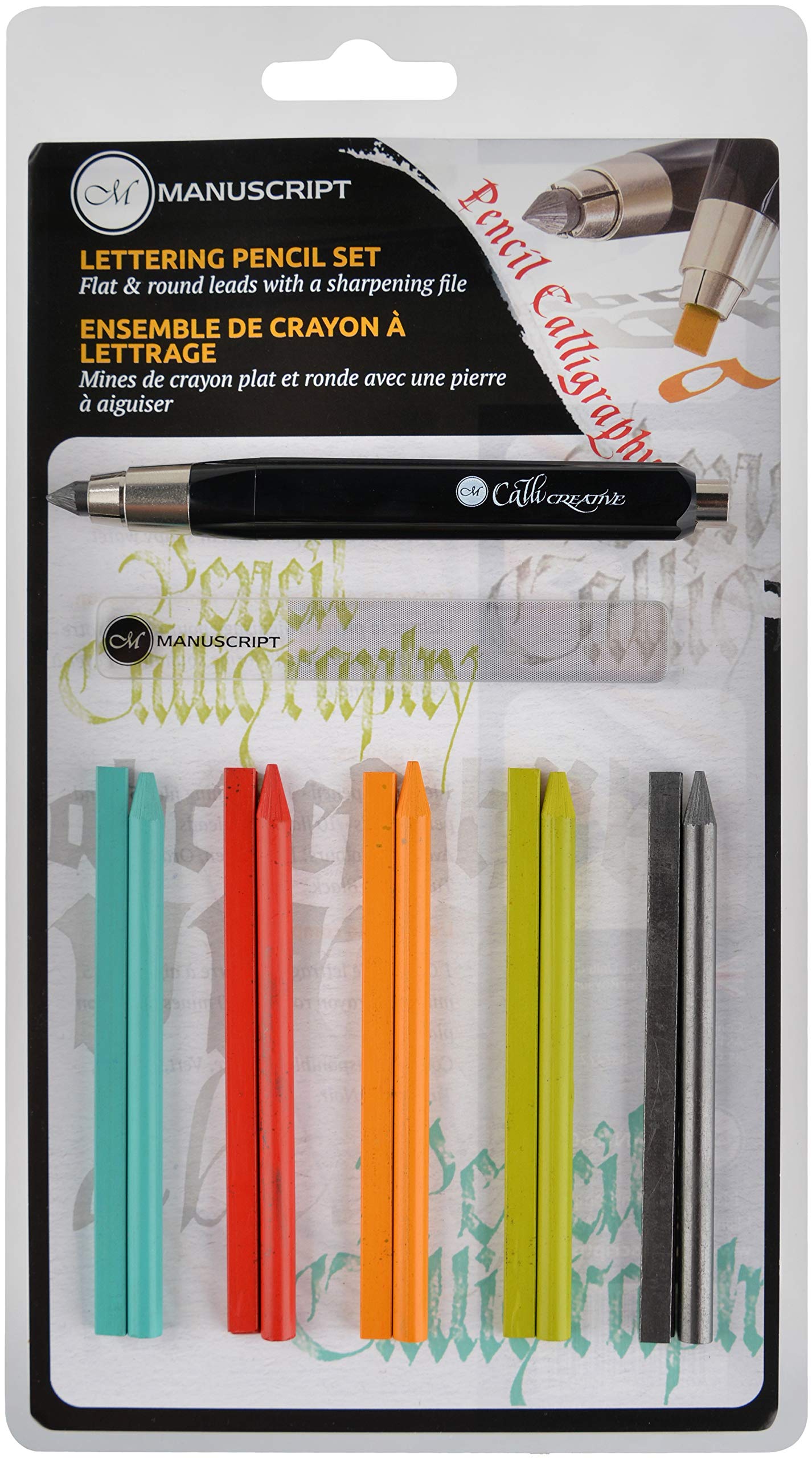 Manuscript Pen Company Lettering Pencil - 18 Pieces - Clutch Pencil, Selection of Leads in Five Colours And Sharpening File - Ideal for Calligraphy, Hand Lettering, Sketching and Illustration.