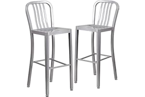Flash Furniture Gael 30" Commercial Metal Barstools with Footrest, Vertical Slat Back Bar Height Stools for Restaurants and Kitchens, Set of 2, Silver