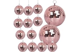 Mirror Balls, MUZTOP 14 Pack Disco Ball Ornaments Hanging Disco Mirror Ball for DJ Stage Club Wedding Holiday Home Party Decor, 6 Inch, 2 Inch (Rose Gold)