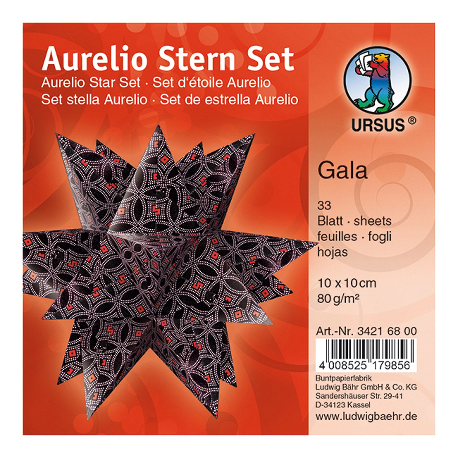 Ursus Aurelio 34216800 Folding Sheets Star Gala Black/Pink/Red 33 Sheets Made of Paper 80 g/m² Approx. 10 x 10 cm Printed on Both Sides Ideal as Christmas Decoration