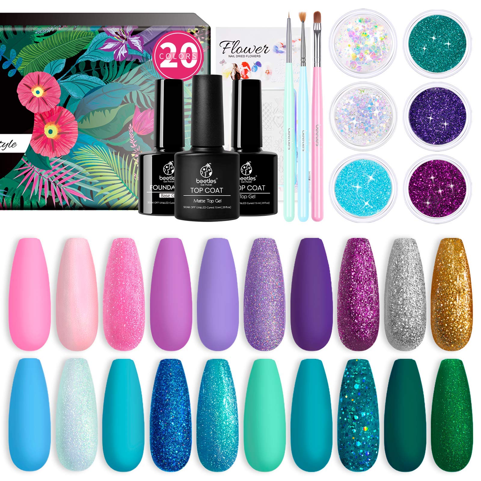 Beetles Gel Nail Polish Kit, Mermaid 20 Colors Soak Off Gel Polish Starter Kit with 1 Base Coat 1 Glossy &amp; 1 Matte Top Coat 3 Nail Brushes 6 Colors Glitter 1 Mermaid Nail Stickers Holiday Gifts Set