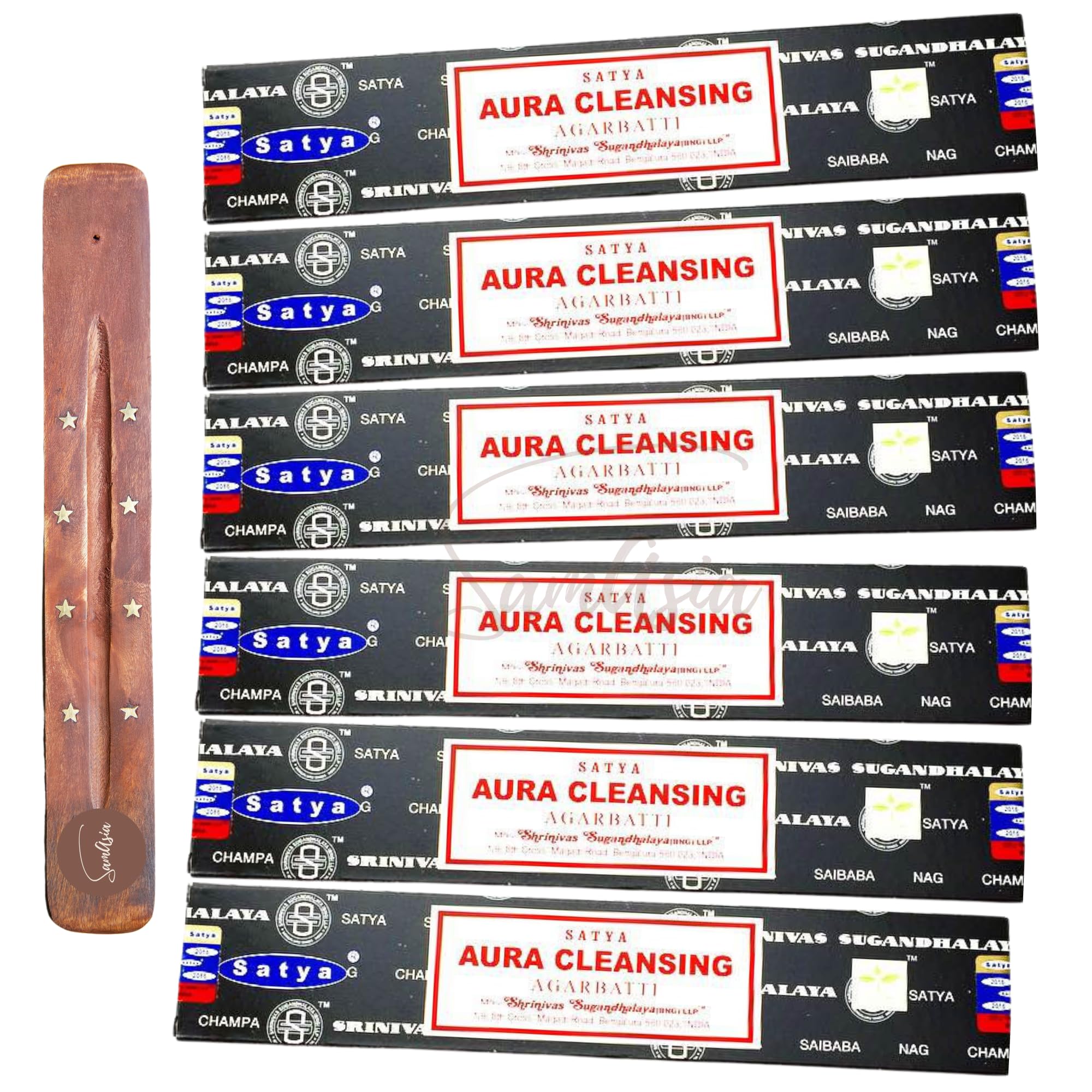 Satya Nag Champa Aura Cleansing Incense Sticks | x6 pack | with SAMASIA incense sticks holder | Used for Aromatherapy, Spa, Yoga, Weddings, Meditation, Healing, Positivity and Relaxation
