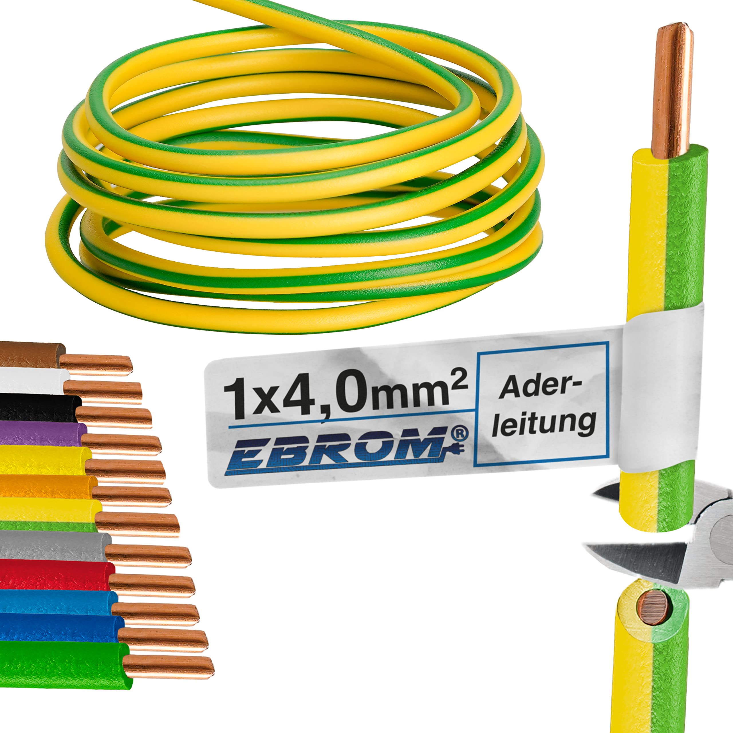 EBROM H07V-U 1 x 4 mm² – Rigid Single Wire – Green/Yellow – from 10 m to 50 m