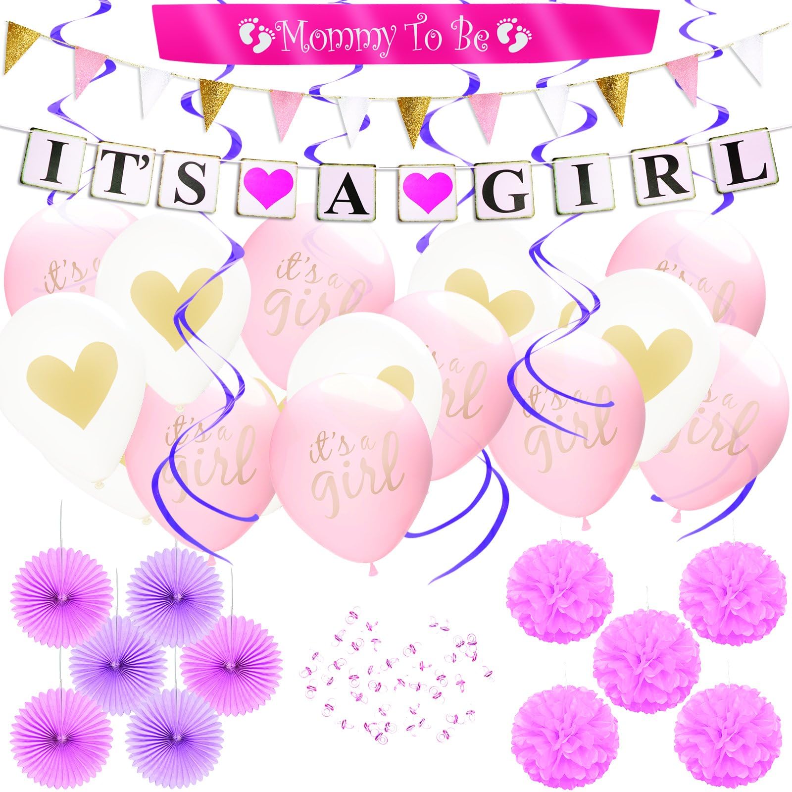 (80pcs) Baby Shower Party Decoration set for Girl, IT'S A GIRL Banner & Balloons, MOMMY TO BE Sash, Pink Paper Flower decor Favors, Pacifiers, Swirl Garland, Glitter Triangle Banner, Party Supplies