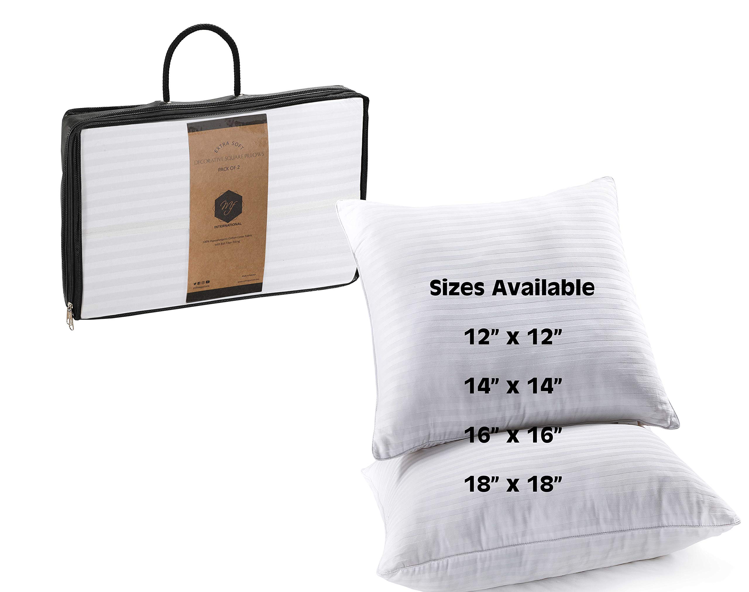 MF International Cushion Inserts Square | Hypoallergenic Cushion Pads Inner Stuffer with Hollowfibre Filling | Premium Quality Bounce Back Inners | Satin Stripe Cover (2 Pack | 18 x 18), White, (147)