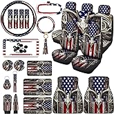 26 Pcs American Flag Camo Seat Covers Full Set USA Deer Car Truck Accessories, Steering Wheel Cover, Foot Mats, License Plate Frame, Armrest Pad, Seat Belt Pads, Universal Fit for Suv Sedan Van