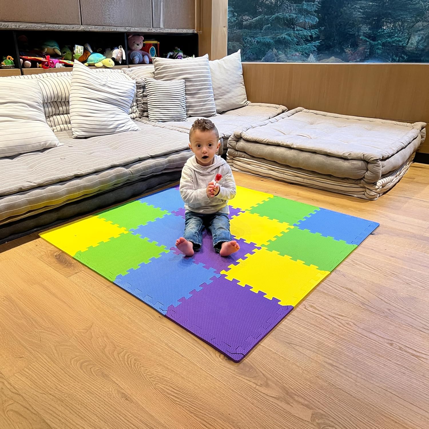 MioTetto Soft Non-Toxic Foam Baby Play Mat | Toddler Playmat | Colorful Jigsaw Puzzle Play Mat | 16 Squares Foam Floor Mats for Kids & Babies | EVA Foam Interlocking Tiles for Gym, Nursery, Playroom — image 1