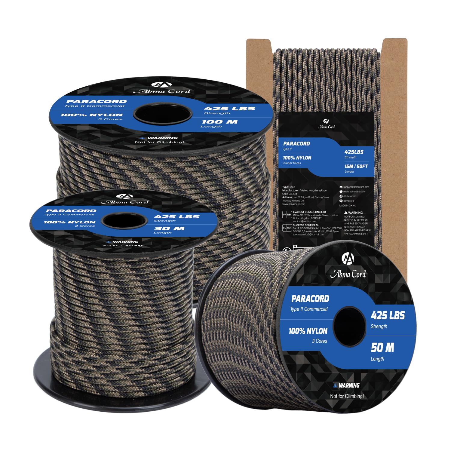 Abma Cord Paracord 3mm 50m 100% Nylon Rope Type II 3 Strands Parachute Cord - Max. 192kg (425lbs) - Tactical Camo