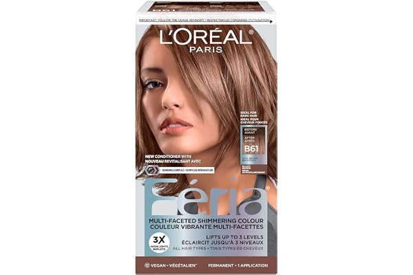 L’Oréal Paris Feria Hair Dye, B61 Hi-Lift Cool Brown Cooler, Multi-Faceted Shimmering Permanent Hair Color for Long Lasting w