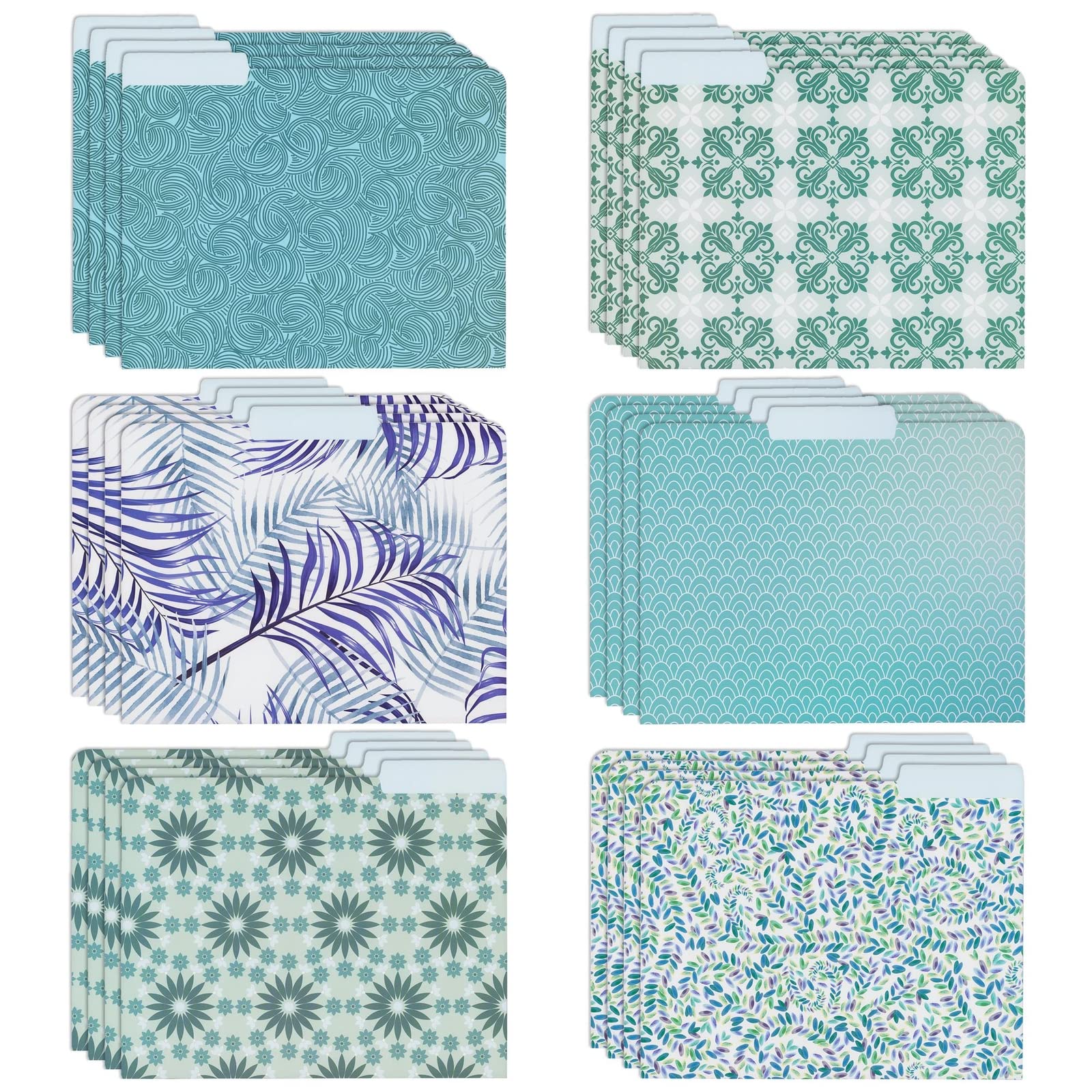 24-Pack Decorative File Folders Bulk, 6 Cute Floral Designs, 1/3 Cut Tabs, Heavyweight Letter Size, Blue, Teal, Green, Pretty School Office Supplies (24 x 29 cm)