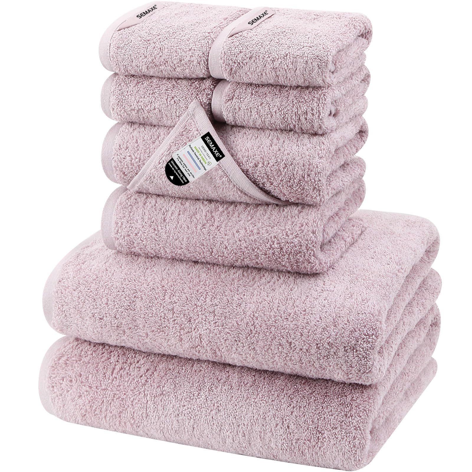 SEMAXE Bath Towel Set, 100% Cotton Absorbent Bathroom Towels with Hanging Loops and Nano-Bio Lifecycle Labels, 8 Piece Towel Set Include 2 Bath Towels, 2 Hand Towels, 4 Washcloths, Purple Image