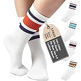 F|B Striped Retro Crew Socks for Women - Pair of 5 Triple Striped Socks with Terry Cushioned Sole