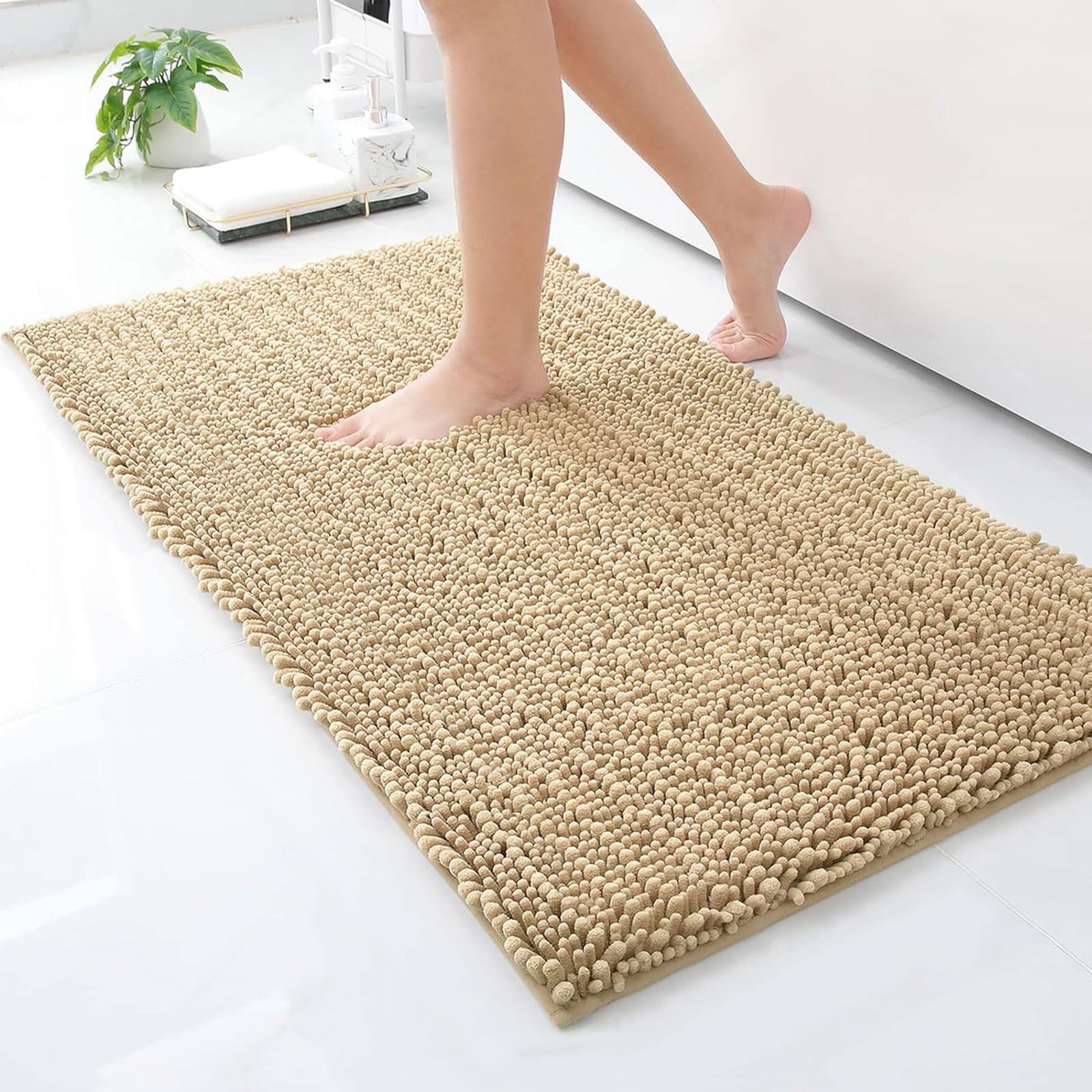Photo 1 of Arotive Luxury Chenille Bathroom Rug Mat, Extra Soft Thick Absorbent Shaggy Bath Rugs, Non-Slip Machine Wash Dry, Plush Bath Mats for Bathroom, Shower and Tub, 50x30, Beige