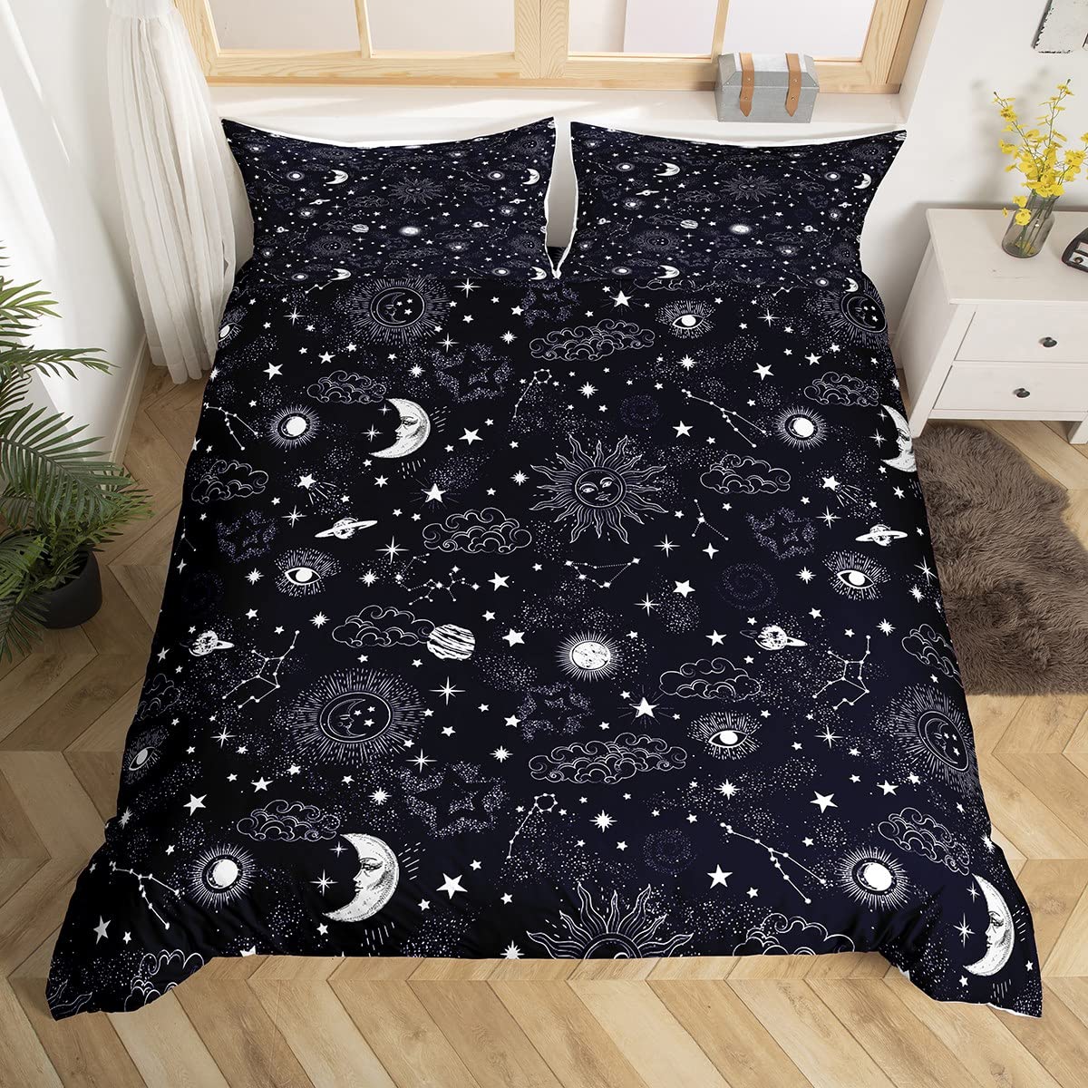 richhome Sun and Moon Duvet Cover Single Size,Black and White Starry Galaxy Bedding Set 2pcs for Child,Boho Hippie Constellation Comforter Cover Soft Quilt Cover Bedroom Decor Bedspread