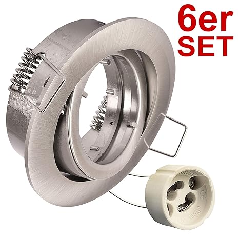 6x Einbaustrahler Massiv mit GU10 Fassung RUND Edelstahl Optik Einbauspot Einbauleuchte Rahmen Schwenkbar Rostfrei Deckenspot