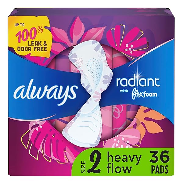 ALWAYS RADIANT FEMININE PADS FOR WOMEN, FLEXFOAM PADS WITH WINGS, SIZE 2, HEAVY ABSORBENCY, LIGHTLY SCENTED, 36 COUNT